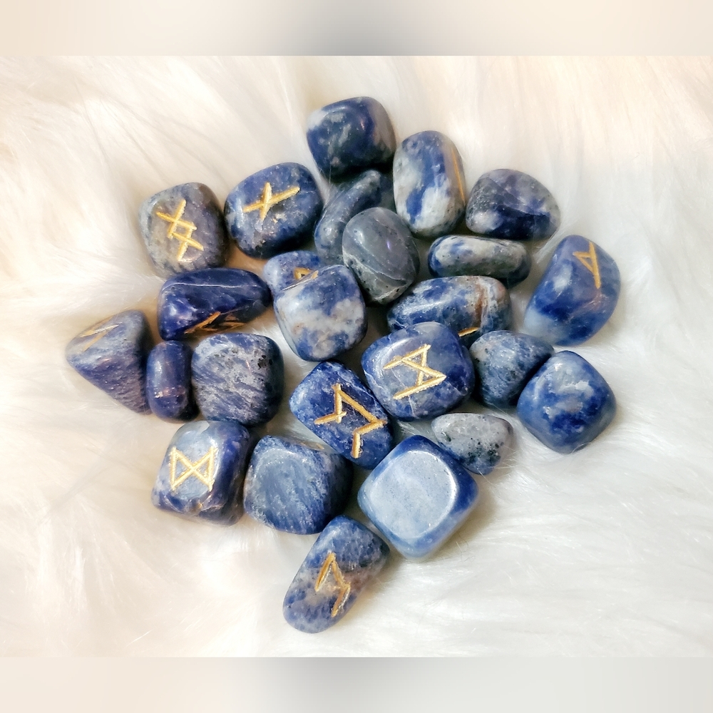 New Complete 25Pcs Lapis Lazuli Rune Stone Set Engraved. Elder Futhark. J-536